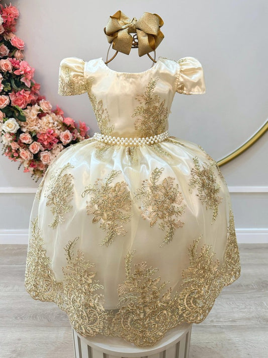 Vestido Infantil Marfim em Renda Realeza Dourada com Saia Rodada para Festa de Aniversário