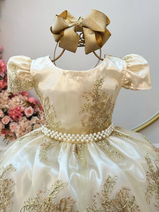 Vestido Infantil Marfim em Renda Realeza Dourada com Saia Rodada para Festa de Aniversário