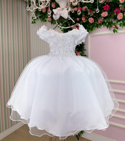 Vestido Infantil Branco em Tule com Renda e Laço para Daminhas