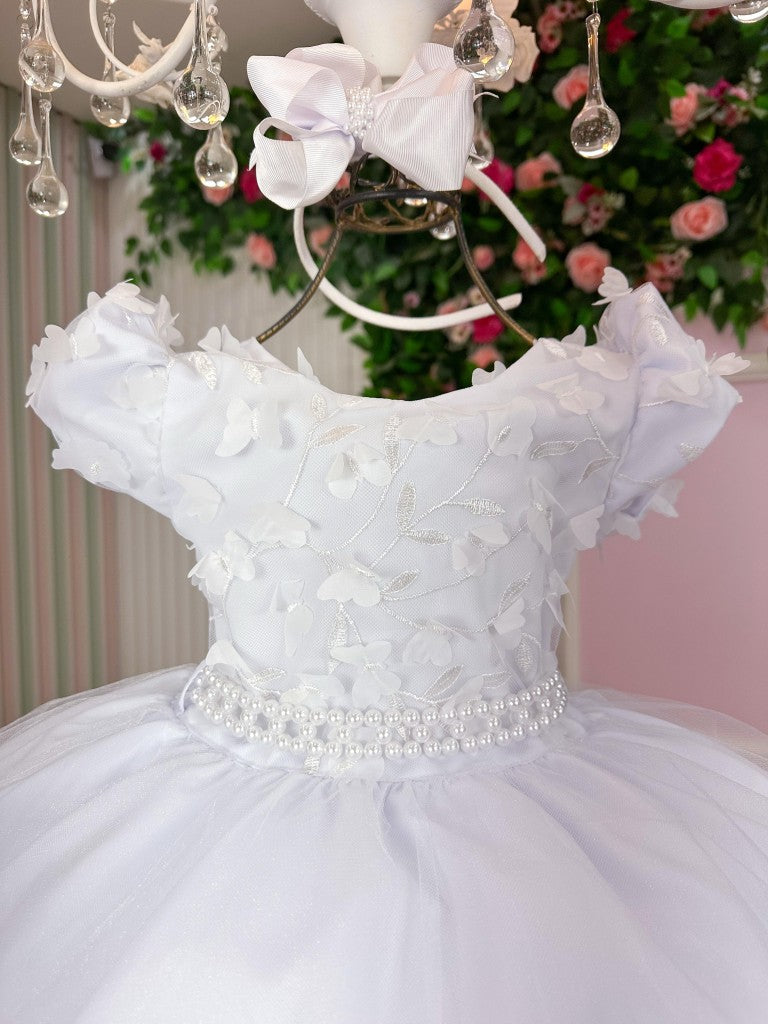 Vestido Infantil Branco em Tule com Renda e Laço para Daminhas