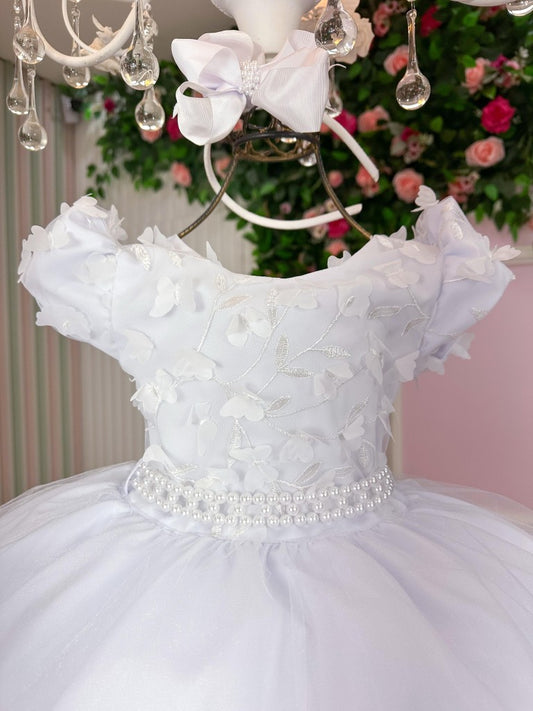 Vestido Infantil Branco em Tule com Renda e Laço para Daminhas