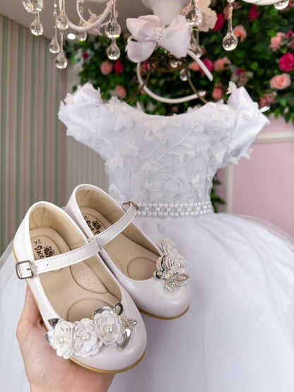 Vestido Infantil Branco em Tule com Renda e Laço para Daminhas