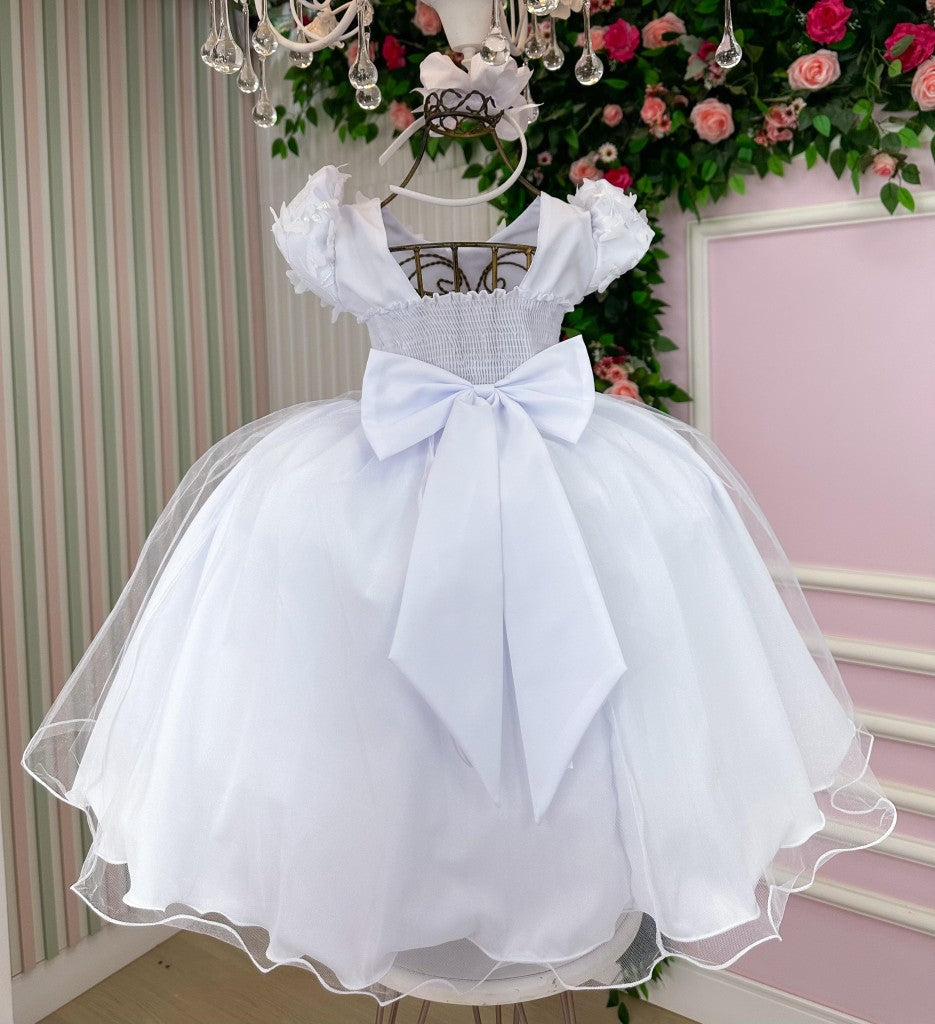 Vestido Infantil Branco em Tule com Renda e Laço para Daminhas