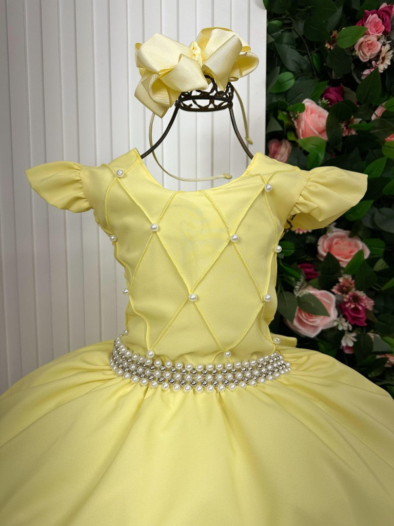 Vestido Infantil Amarelo em Tule com Poliéster com Saia Longa e Elegante para Festa de Aniversário
