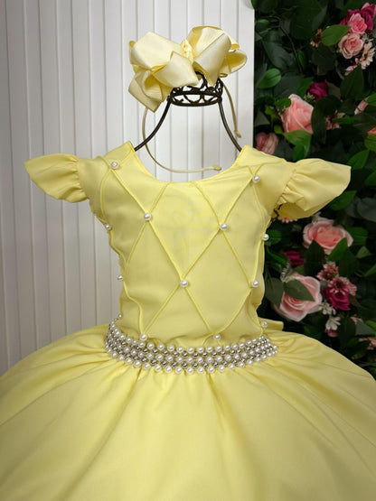 Vestido Infantil Amarelo em Tule com Poliéster com Saia Longa e Elegante para Festa de Aniversário