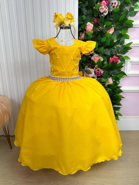 Vestido Infantil Amarelo em Tule com Pérolas e Manga Longa para Festa de Aniversário