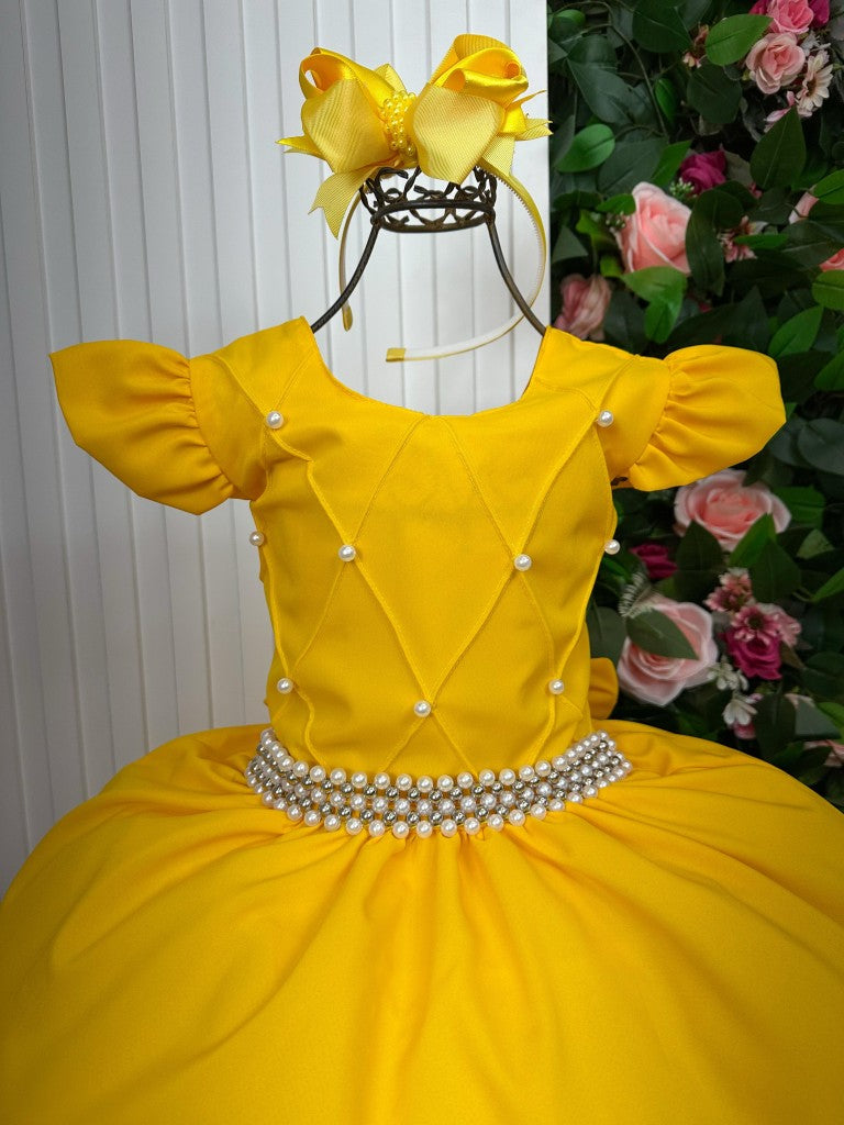 Vestido Infantil Amarelo em Tule com Pérolas e Manga Longa para Festa de Aniversário