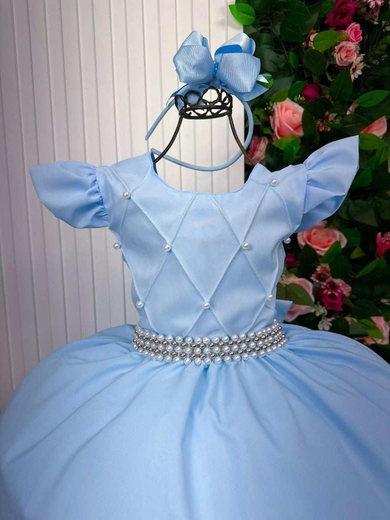 Vestido Infantil Azul Bebê em Poliéster com Saia Longa e Estilo Sofisticado para Festas