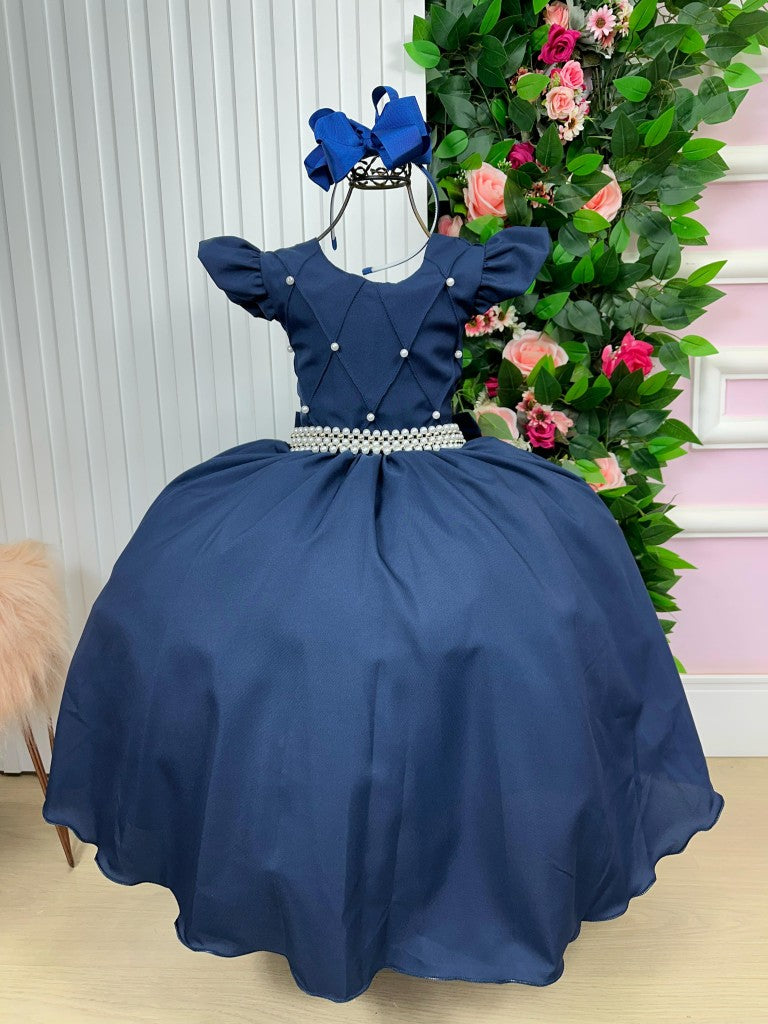 Vestido Infantil Azul Marinho em Tecido Longo com Design Sofisticado para Festas