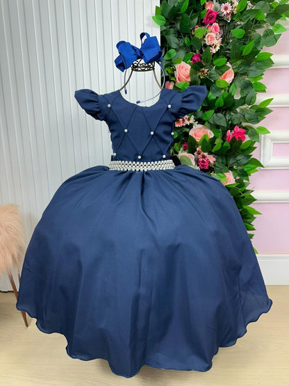 Vestido Infantil Azul Marinho em Tecido Longo com Design Sofisticado para Festas