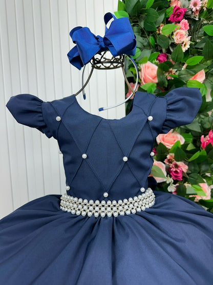 Vestido Infantil Azul Marinho em Tecido Longo com Design Sofisticado para Festas