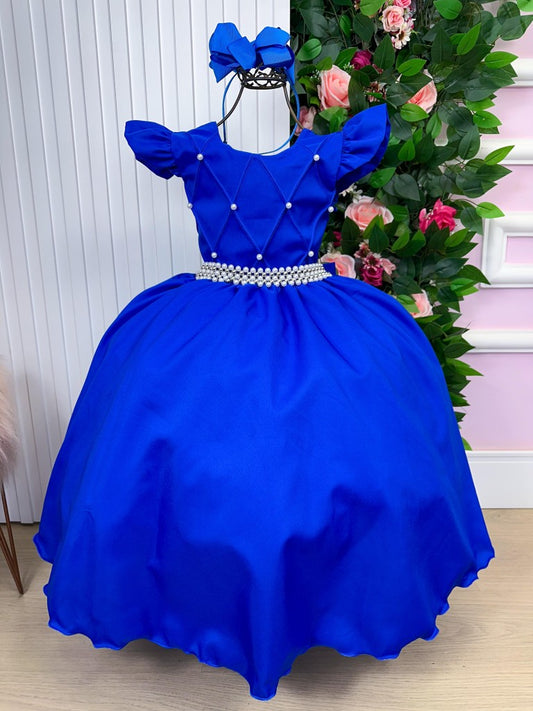 Vestido Infantil Azul Royal em Tecido Premium com Saia Longa e Brilho Luxuoso para Festa de Aniversário