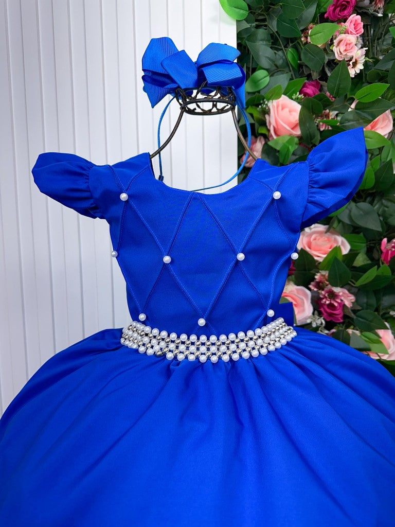 Vestido Infantil Azul Royal em Tecido Premium com Saia Longa e Brilho Luxuoso para Festa de Aniversário