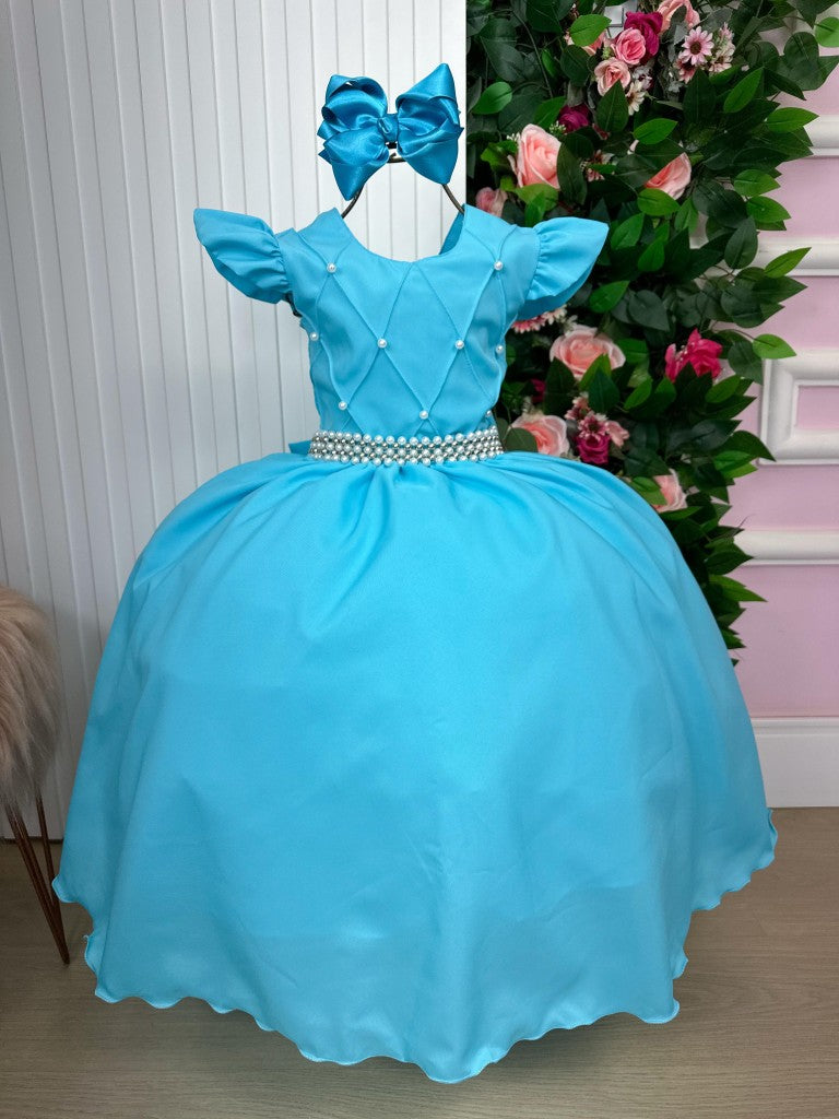 Vestido Infantil Azul Tiffany em Tule com Renda Saia Rodada para Festa de Aniversário