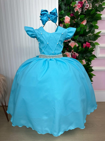 Vestido Infantil Azul Tiffany em Tule com Renda Saia Rodada para Festa de Aniversário