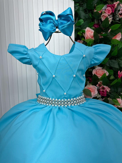 Vestido Infantil Azul Tiffany em Tule com Renda Saia Rodada para Festa de Aniversário