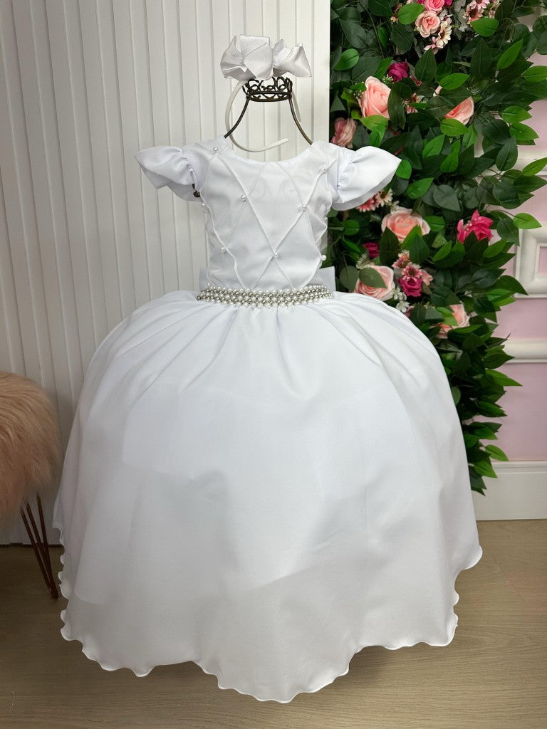 Vestido Infantil Branco em Cetim com Saia Rodada e Renda Delicada para Daminhas