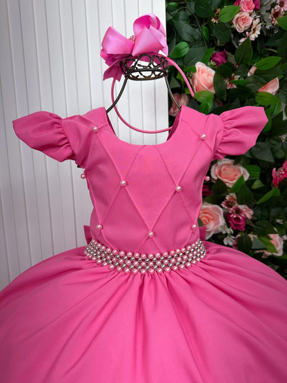 Vestido Infantil Rosa Chiclete em Poliéster com Saia Longa e Estilo Elegante para Festa de Formatura