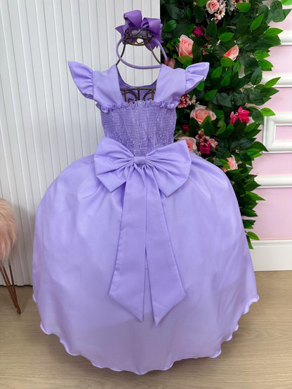Vestido Infantil Lilás em Tule com Pérolas e Laço para Festa de Aniversário