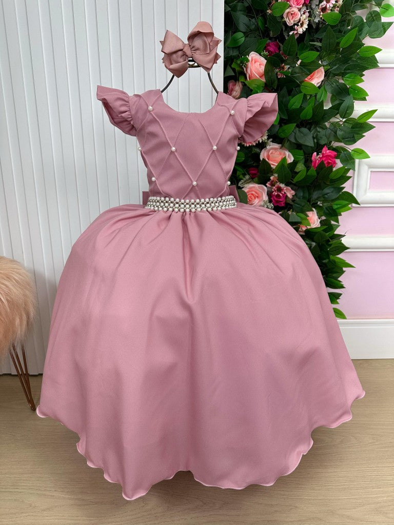 Vestido Infantil Rosê em Poliéster com Brilho Luxuoso para Festa de Aniversário