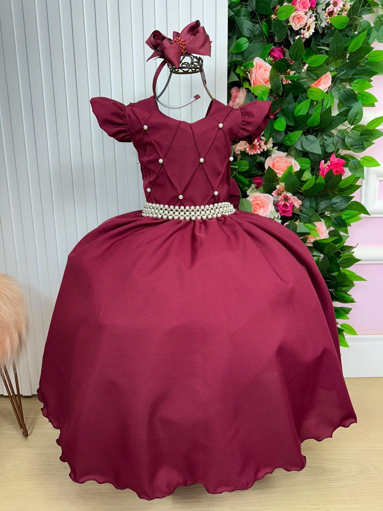 Vestido Infantil Marsala em Poliéster com Babado em Tule para Festa de Aniversário