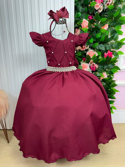 Vestido Infantil Marsala em Poliéster com Babado em Tule para Festa de Aniversário
