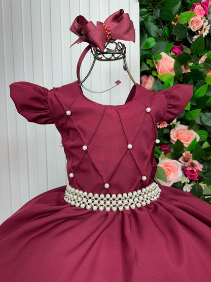 Vestido Infantil Marsala em Poliéster com Babado em Tule para Festa de Aniversário