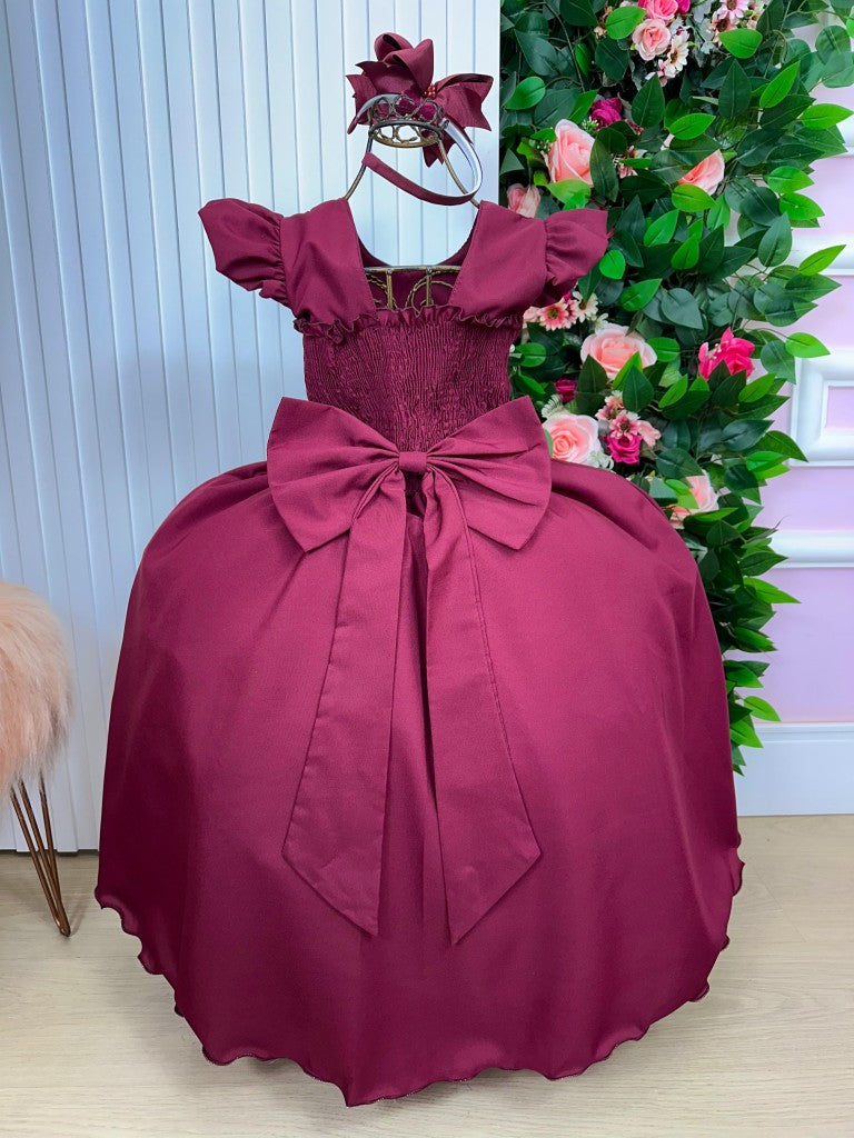 Vestido Infantil Marsala em Poliéster com Babado em Tule para Festa de Aniversário