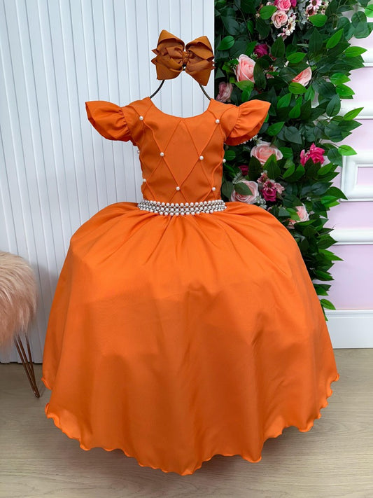 Vestido Infantil Terracota em Tule com Pérolas e Manga para Festa Elegante