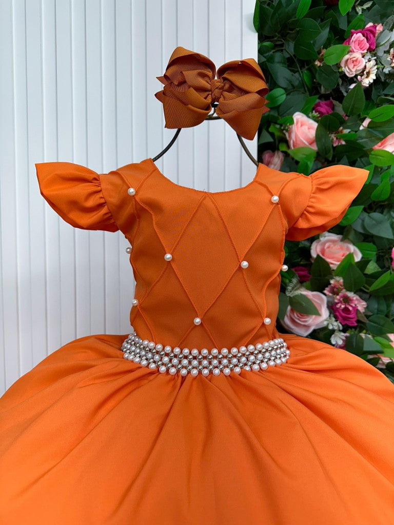 Vestido Infantil Terracota em Tule com Pérolas e Manga para Festa Elegante