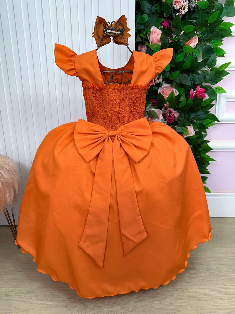 Vestido Infantil Terracota em Tule com Pérolas e Manga para Festa Elegante