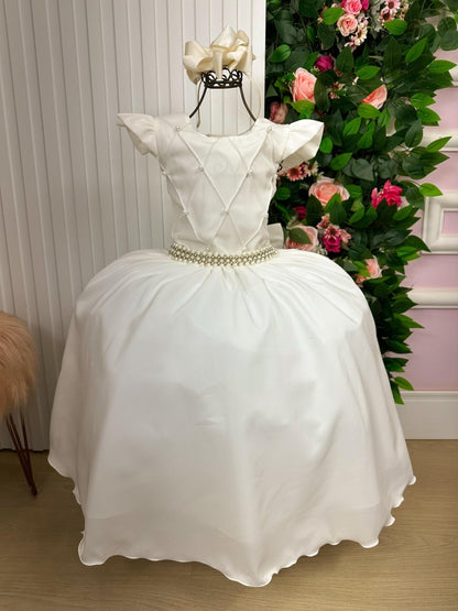 Vestido Infantil Off-White em Poliéster com Saia Longa e Design Elegante para Festas Especiais