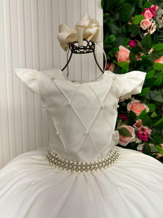 Vestido Infantil Off-White em Poliéster com Saia Longa e Design Elegante para Festas Especiais