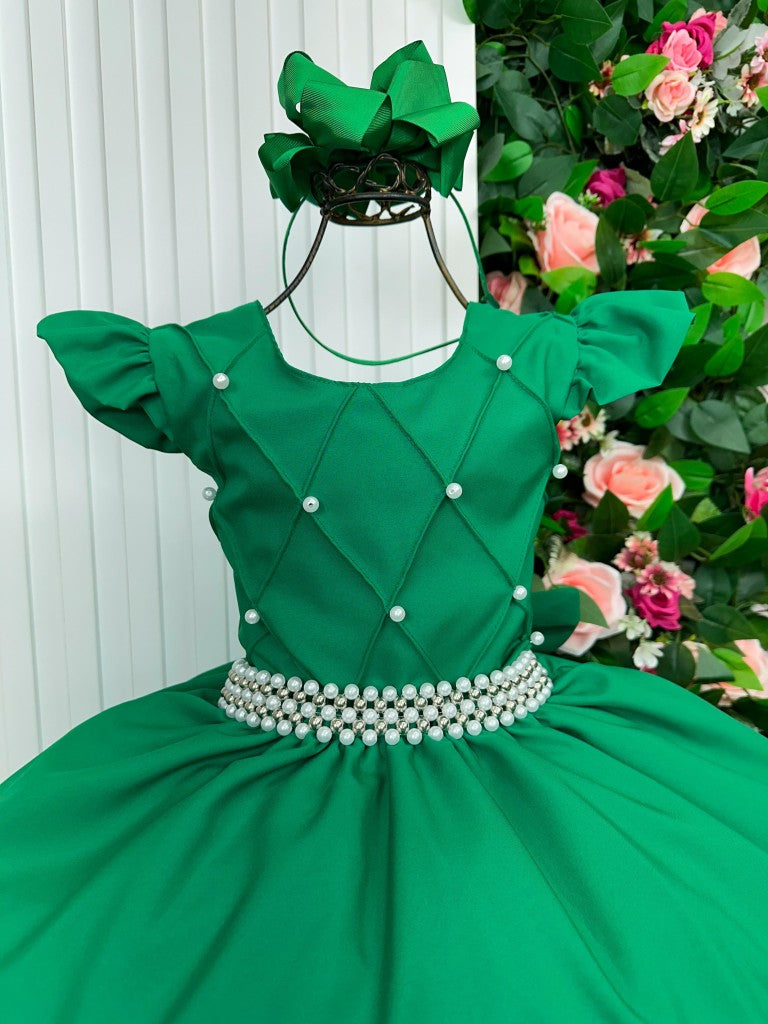 Vestido Infantil Verde Bandeira em Poliéster com Tule e Pérolas Saia Longa para Eventos Especiais