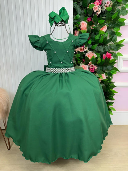 Vestido Infantil Verde Esmeralda em Tule com Pérolas e Laço para Festa de Aniversário