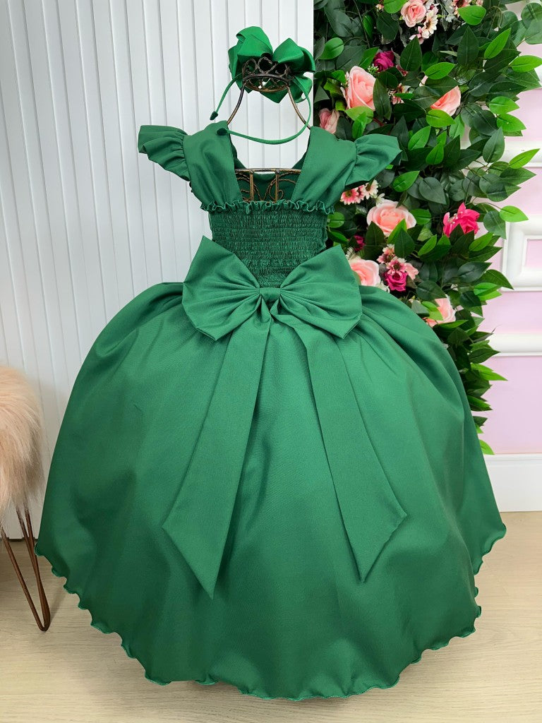 Vestido Infantil Verde Esmeralda em Tule com Pérolas e Laço para Festa de Aniversário