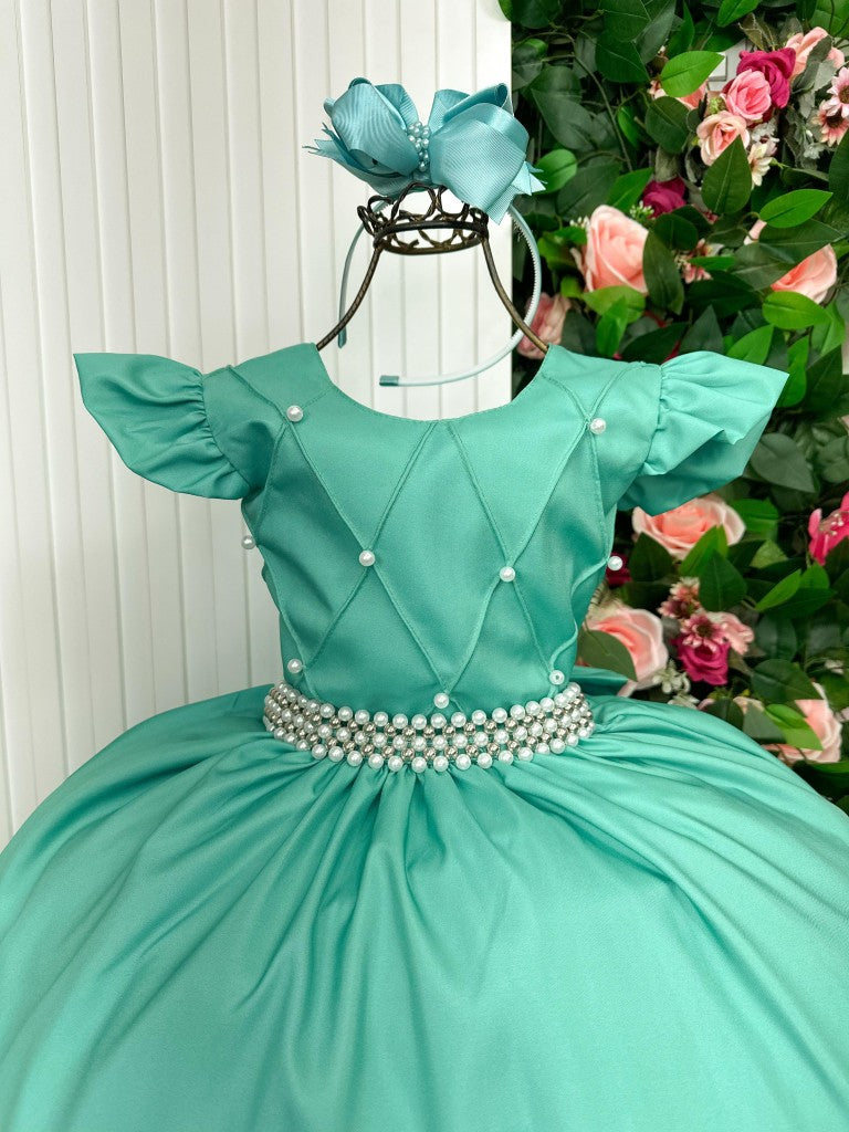 Vestido Infantil Verde Menta em Tecido Sofisticado com Saia Longa para Ocasiões Especiais