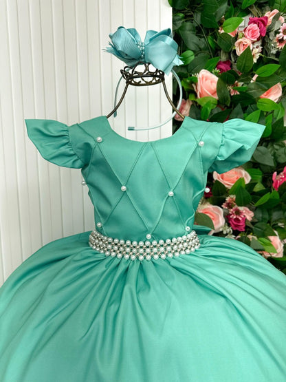 Vestido Infantil Verde Menta em Tecido Sofisticado com Saia Longa para Ocasiões Especiais
