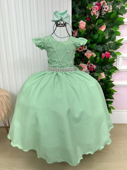 Vestido Infantil Verde Oliva em Tule com Pérolas e Manga para Estilo Princesa