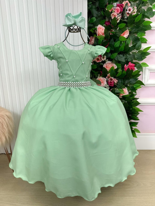 Vestido Infantil Verde Oliva em Tule com Pérolas e Manga para Estilo Princesa