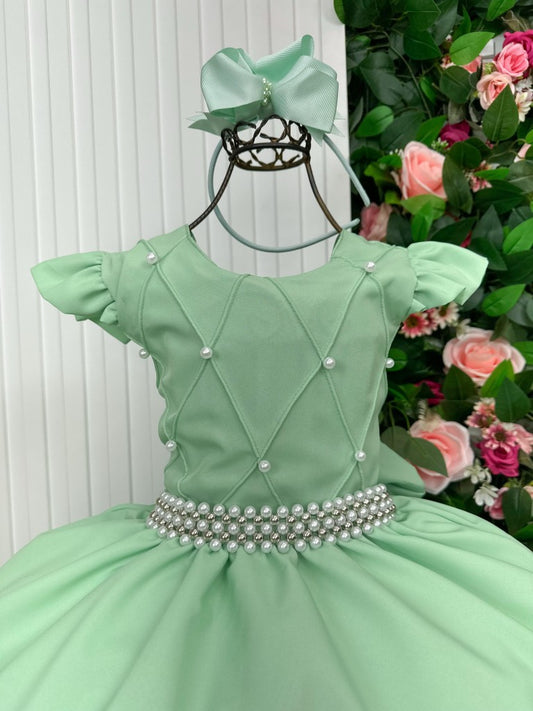 Vestido Infantil Verde Oliva em Tule com Pérolas e Manga para Estilo Princesa