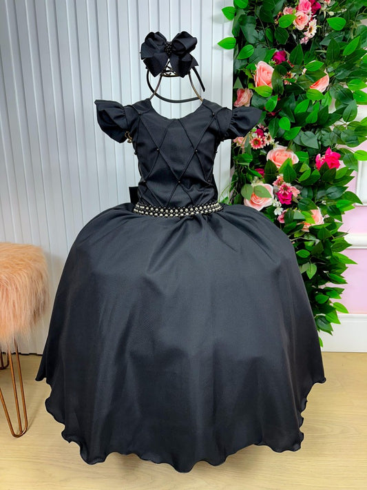 Vestido Infantil Preto em Poliéster com Saia Longa e Brilho Luxuoso para Festa de Aniversário