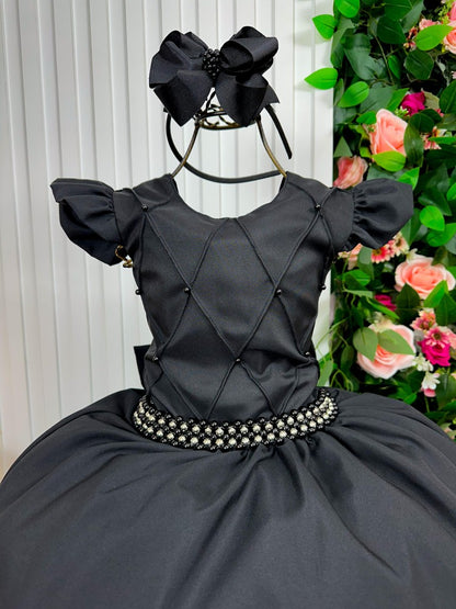 Vestido Infantil Preto em Poliéster com Saia Longa e Brilho Luxuoso para Festa de Aniversário
