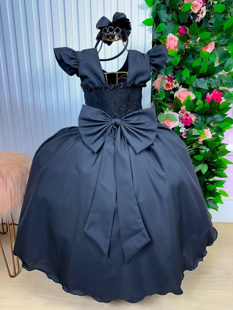 Vestido Infantil Preto em Poliéster com Saia Longa e Brilho Luxuoso para Festa de Aniversário