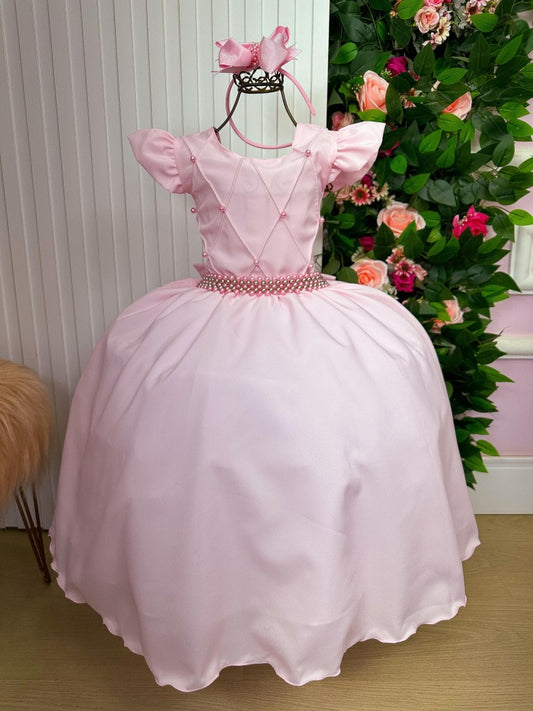 Vestido Infantil Rosa Bebê em Tule com Pérolas e Laço para Festa de Aniversário