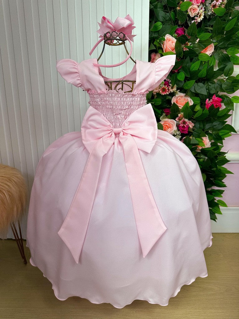 Vestido Infantil Rosa Bebê em Tule com Pérolas e Laço para Festa de Aniversário