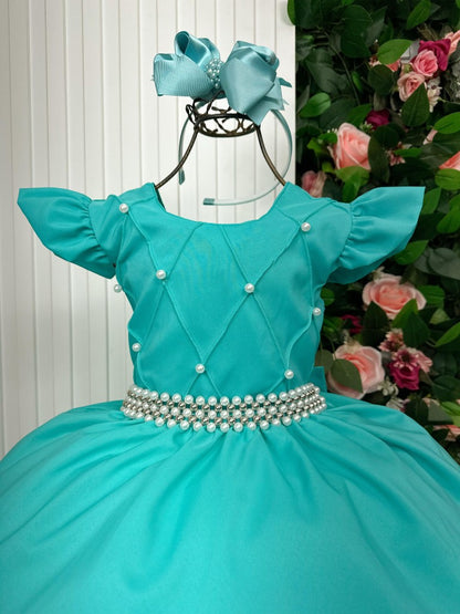 Vestido Infantil Verde Tiffany em Poliéster com Design Sofisticado para Ocasiões Especiais