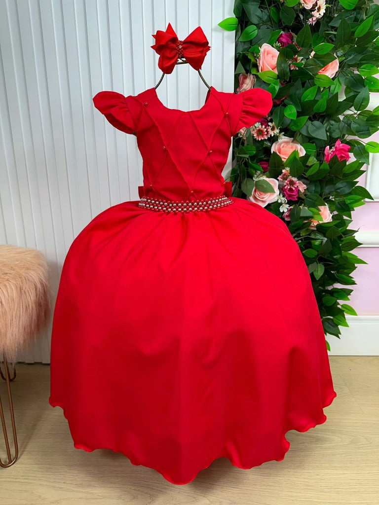 Vestido Infantil Vermelho em Tule com Pérolas e Manga para Festa de Aniversário