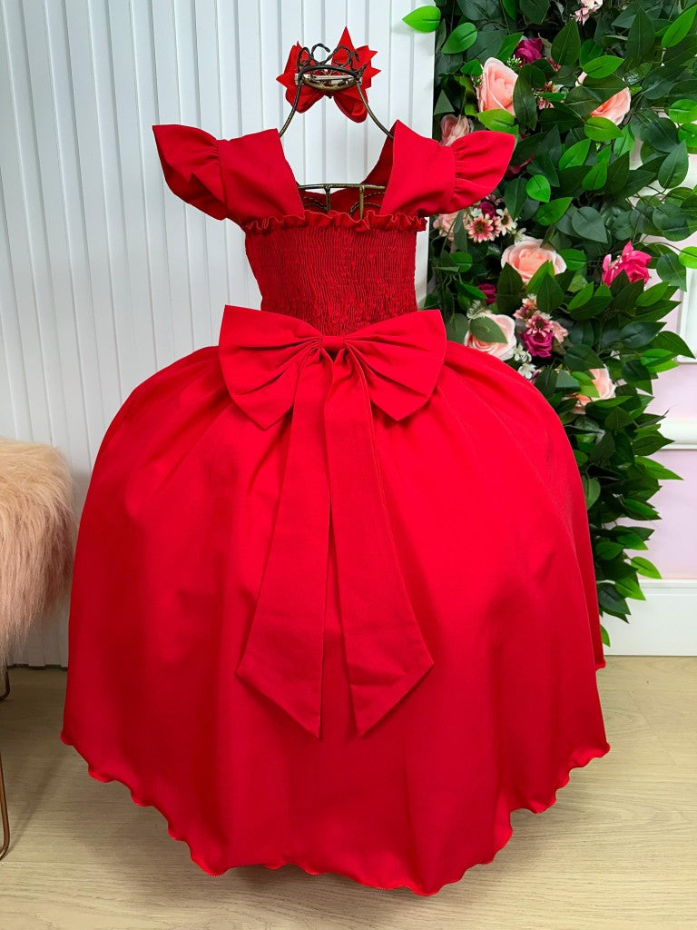 Vestido Infantil Vermelho em Tule com Pérolas e Manga para Festa de Aniversário