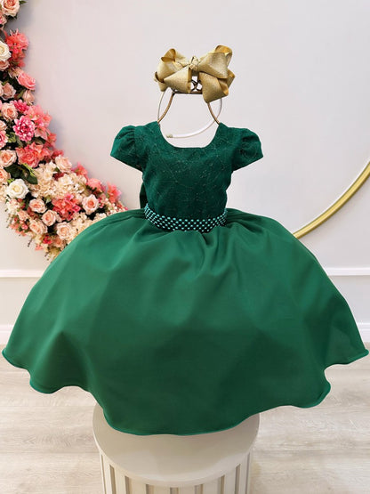 Vestido Infantil Verde Militar em Renda com Saia Rodada para Daminhas